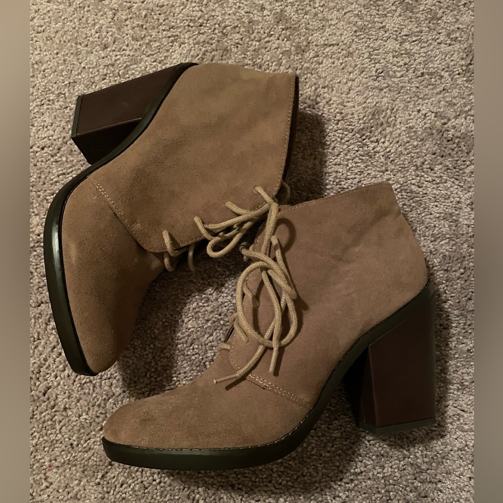 taupe lace up, heeled booties